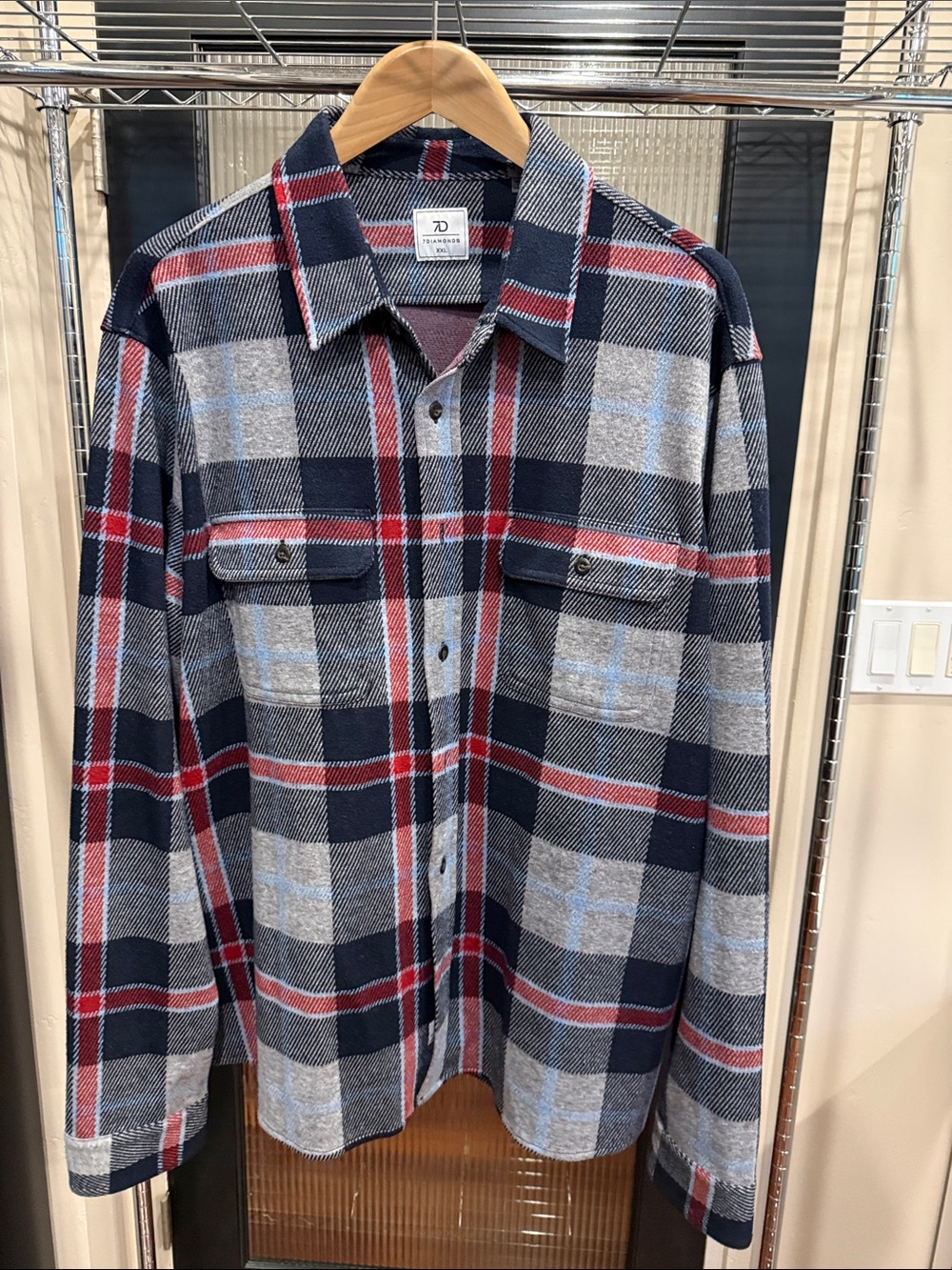 7Diamonds Men’s XXL Navy Gray Red Plaid Flannel Shirt Long Sleeve